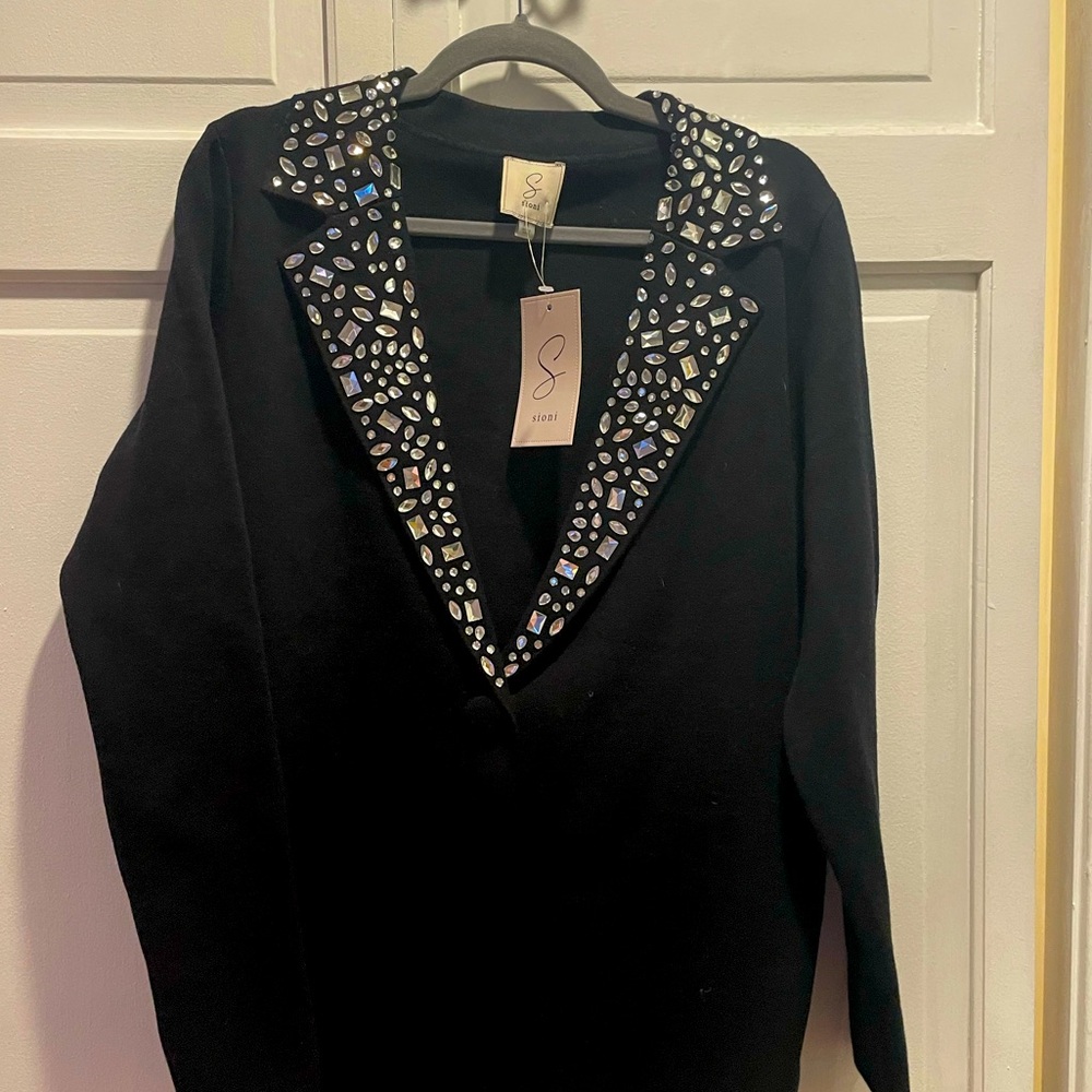Very soft, black knit, bedazzled blazer